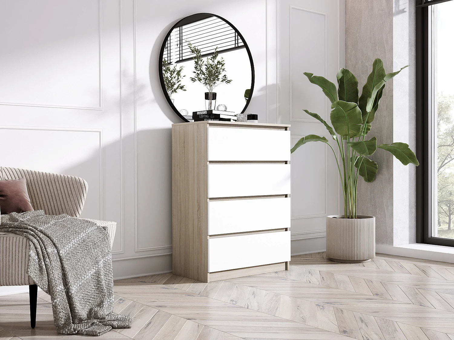 Commode 4 tiroirs, Chêne Sonoma / Blanc Mat, 70 x 39 x 101 cm