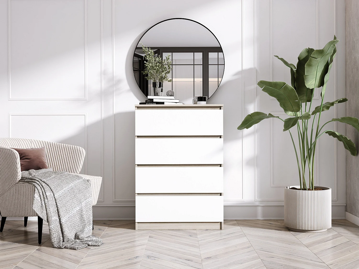 Commode 4 tiroirs, Chêne Sonoma / Blanc Mat, 70 x 39 x 101 cm