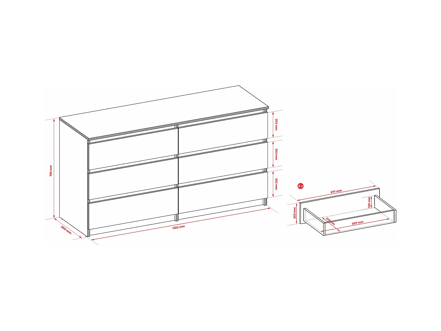 Commode 6 Tiroirs : Blanc Mat / Blanc Brillant, 138 x 39 x 79 cm