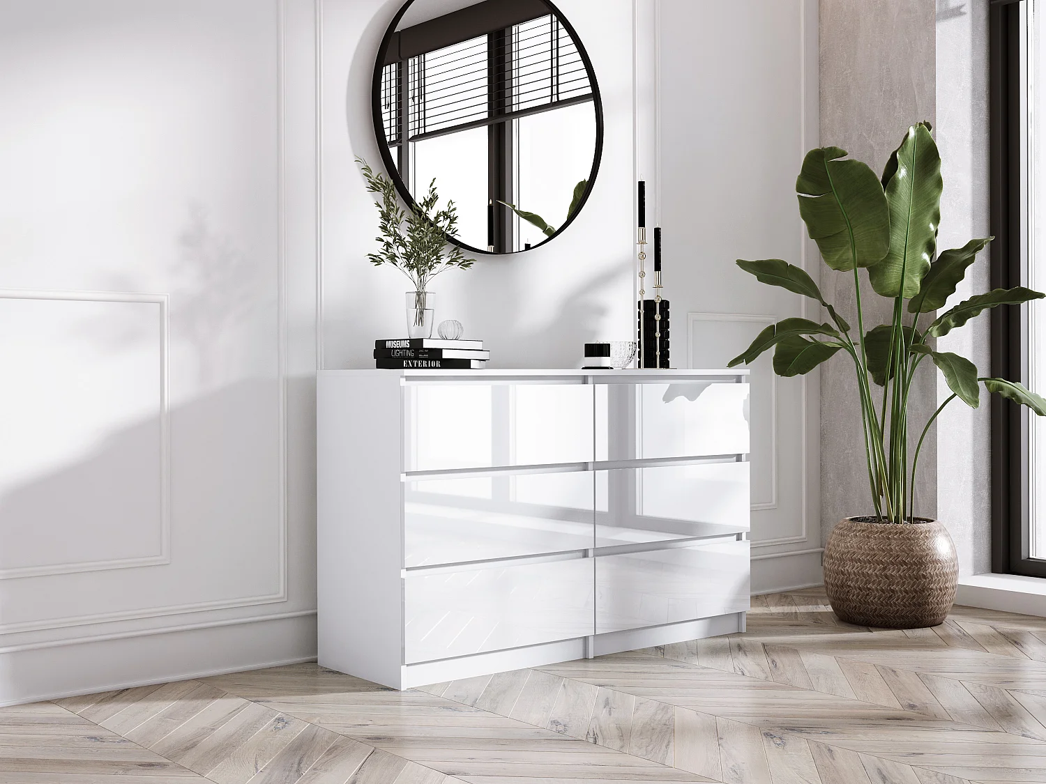 Commode 6 Tiroirs : Blanc Mat / Blanc Brillant, 138 x 39 x 79 cm