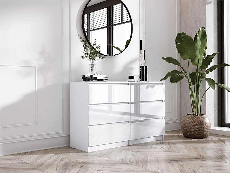 Commode 6 Tiroirs : Blanc Mat / Blanc Brillant, 138 x 39 x 79 cm