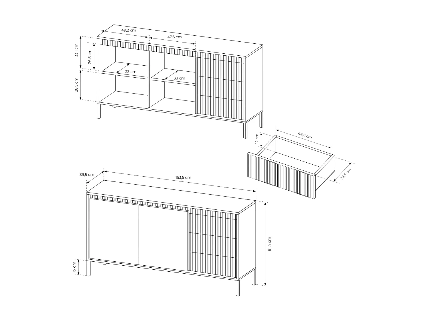 Kommode: 3 Schubladen, 2 Türen, Kaschmir, 81,4 x 153,5 x 39,5