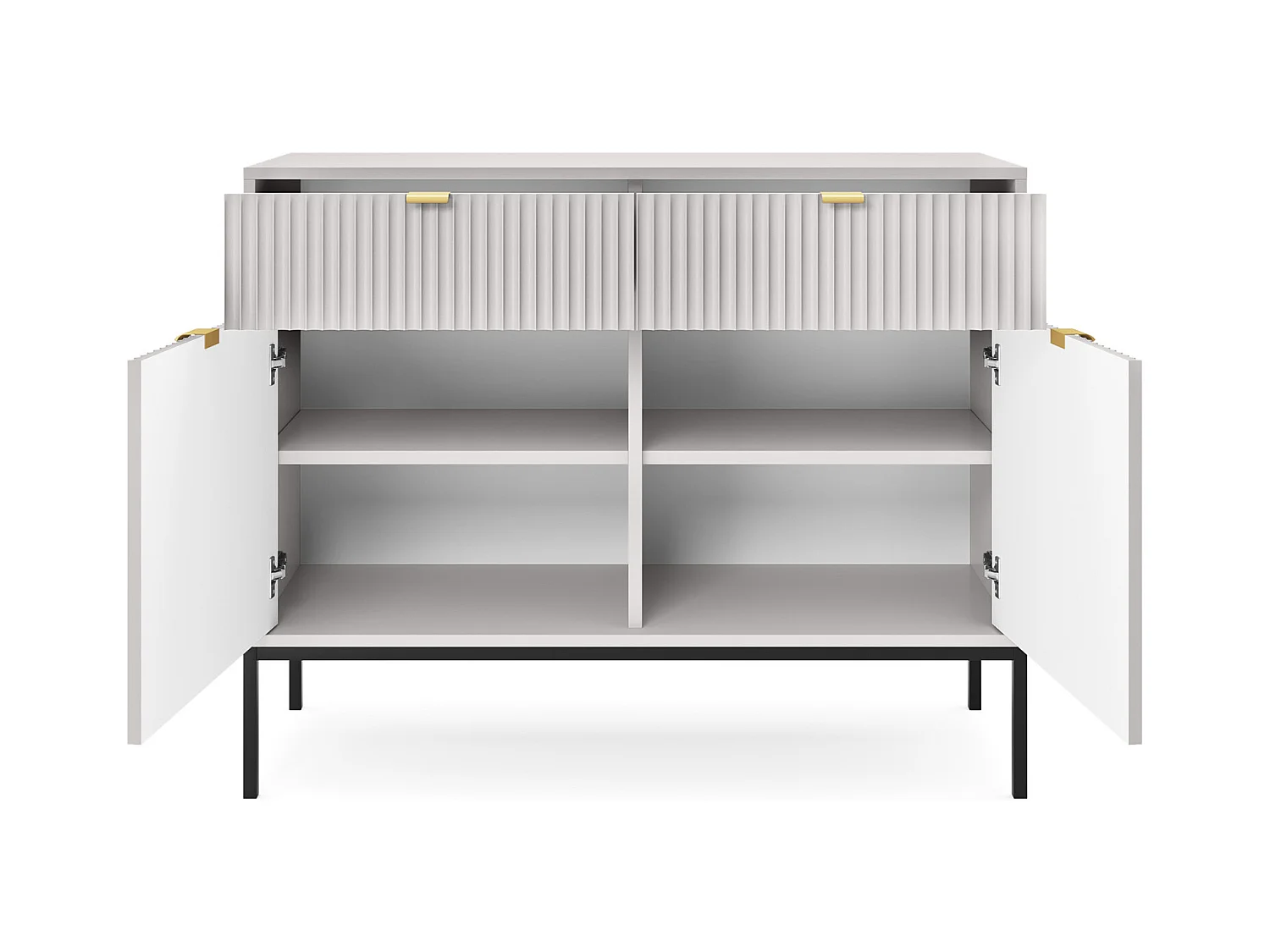 Ladekast: 2 lades, 2 deuren, grijs, zwart, 104 x 83 x 39 cm, gouden handgrepen