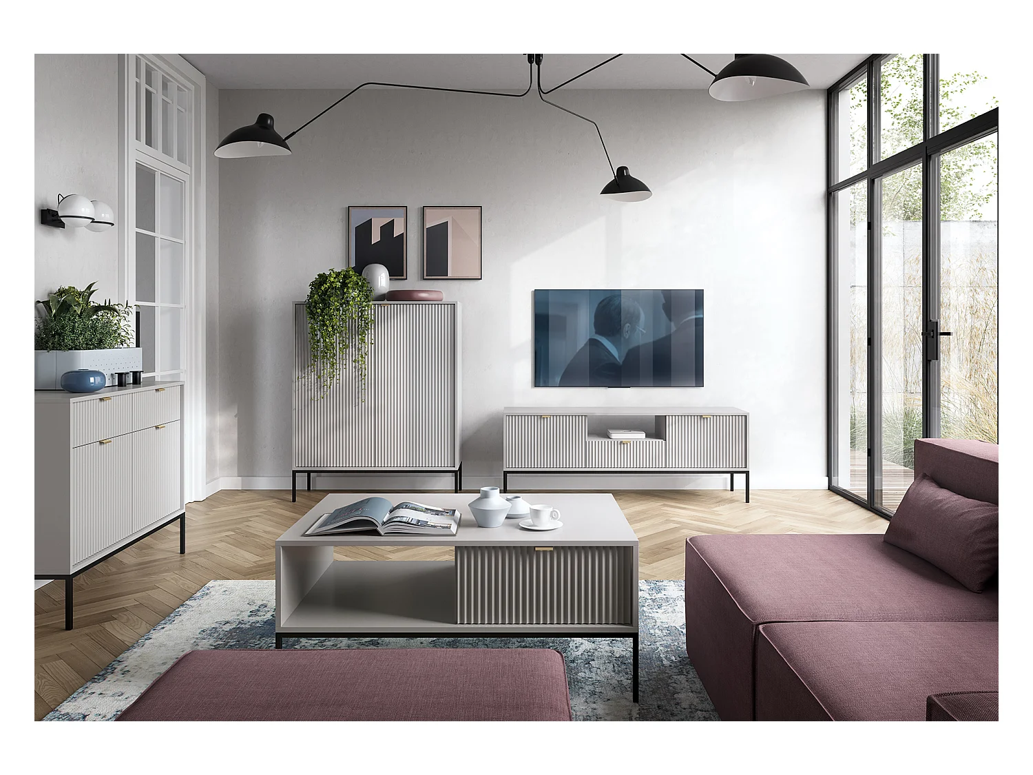 Ladekast: 2 lades, 2 deuren, grijs, zwart, 104 x 83 x 39 cm, gouden handgrepen