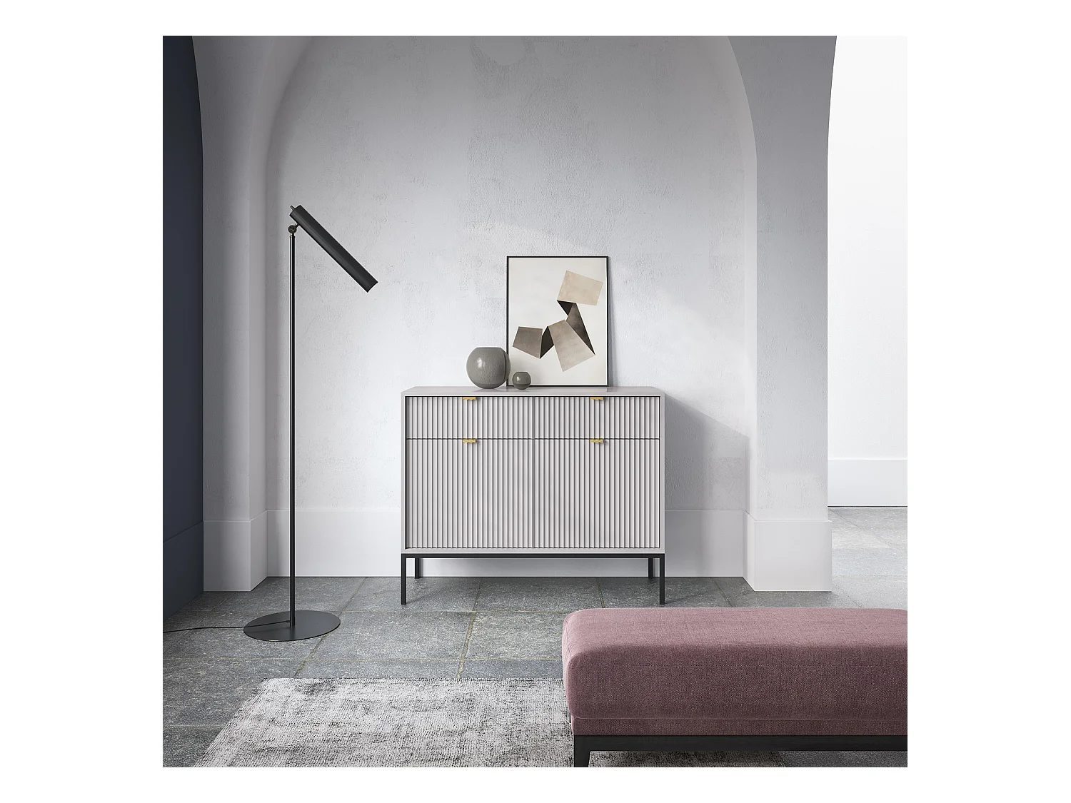 Commode : 2 Tiroirs, 2 Portes, Gris, Noir, 104 x 83 x 39 cm, poignées dorées