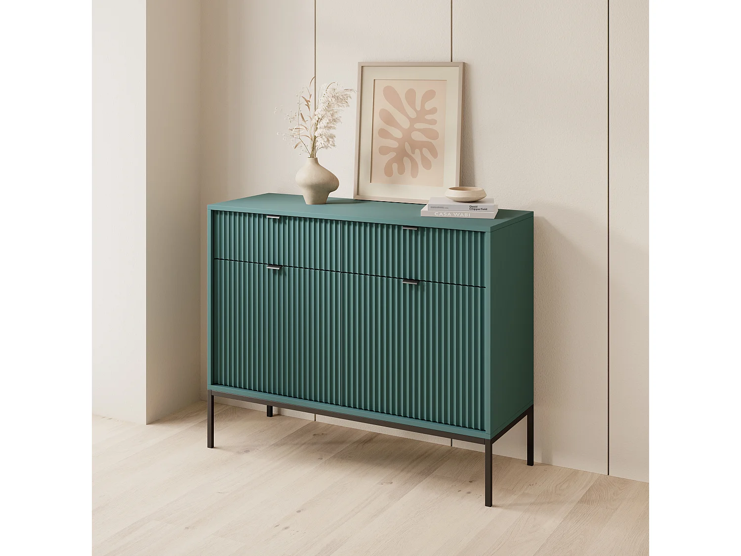 Commode : 2 Tiroirs, 2 Portes, labrador, Noir, 104 x 83 x 39 cm, poignées Noires