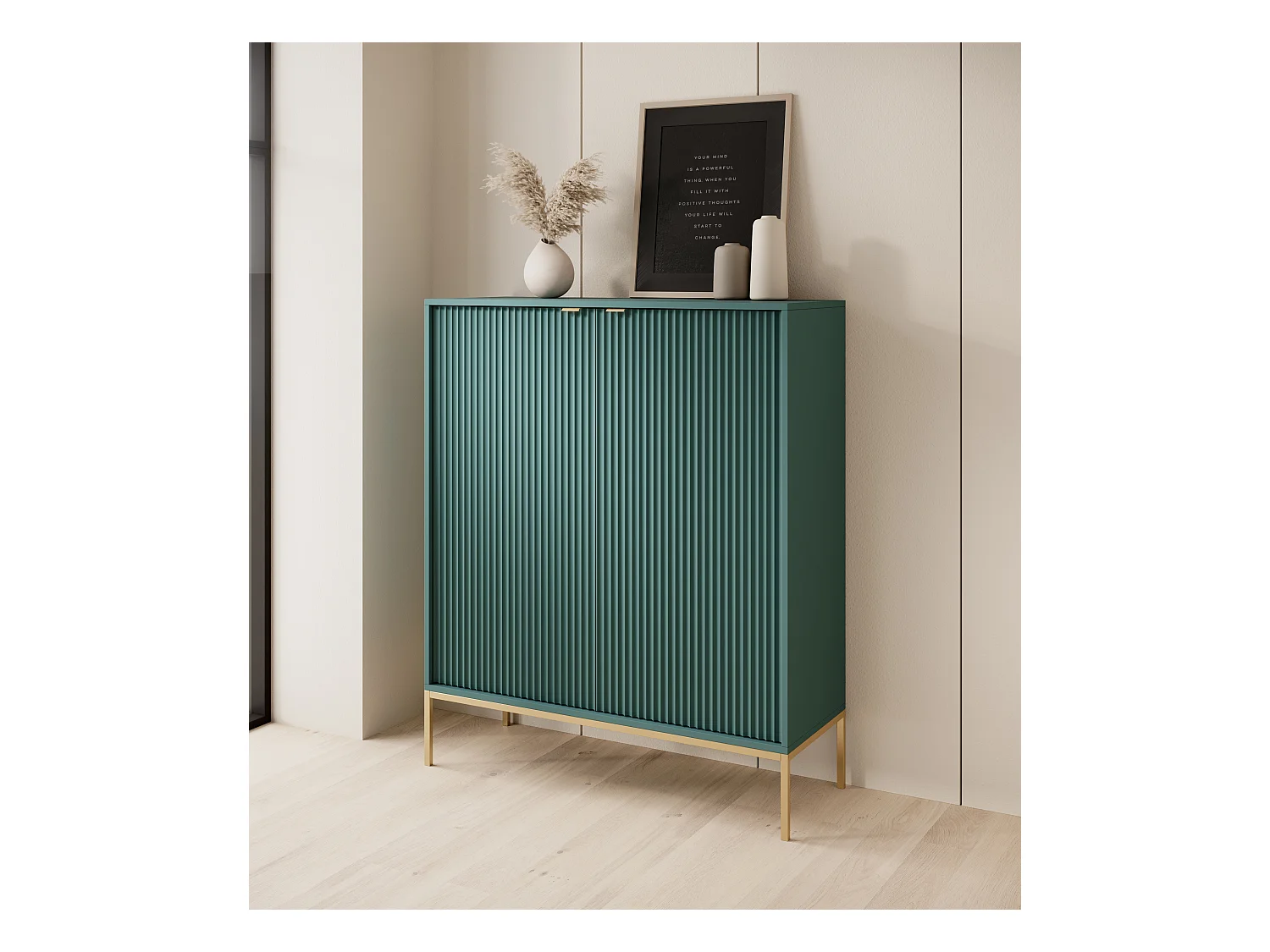 Commode : 2 Portes, labrador, or, 104 x 125 x 39 cm, poignées dorées