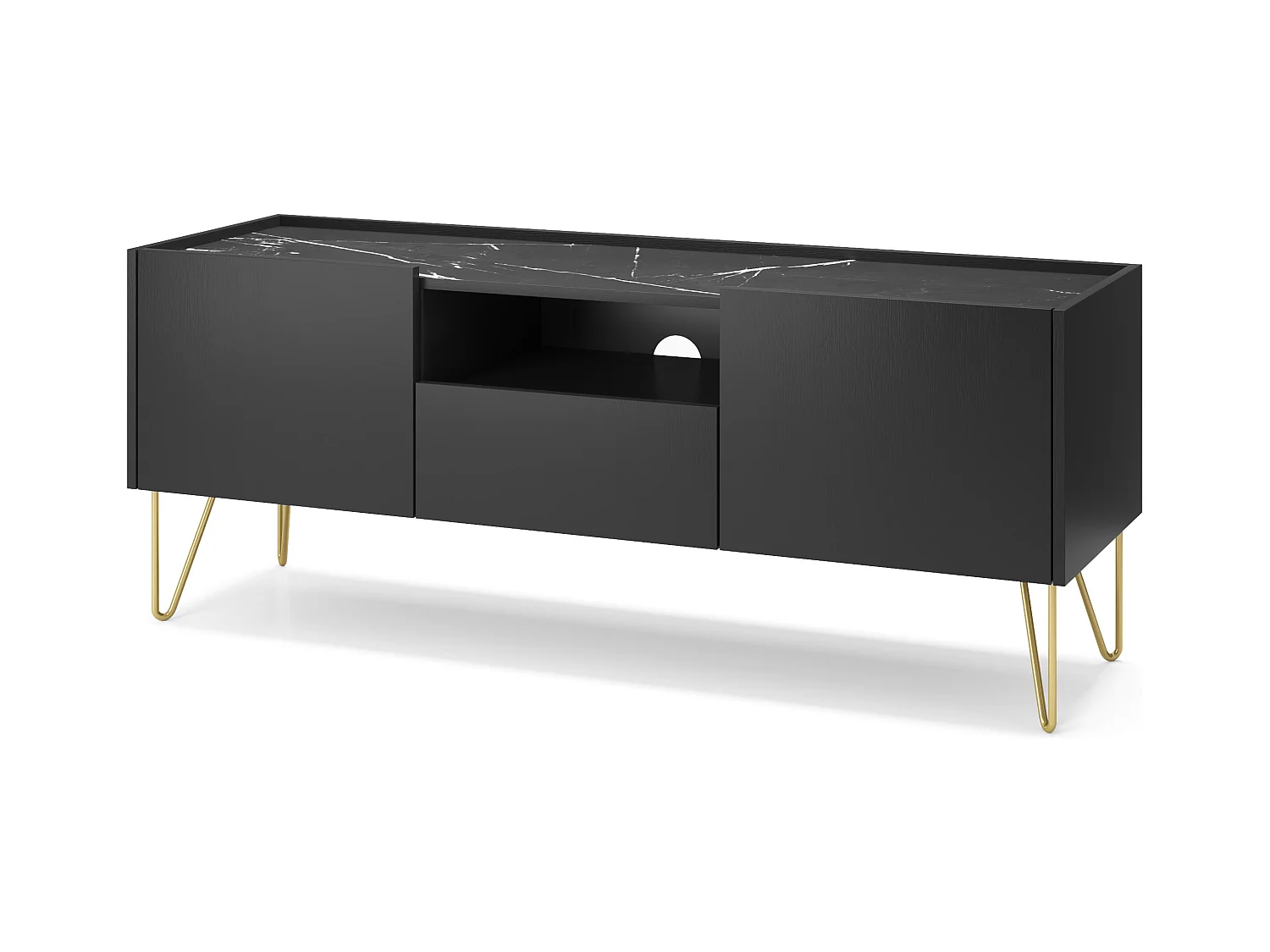 Meuble TV : Noir graphite / marbre noir, 144 x 55 x 37 cm