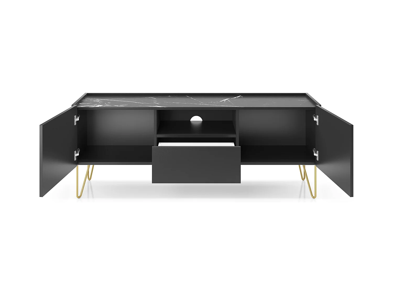 Meuble TV : Noir graphite / marbre noir, 144 x 55 x 37 cm