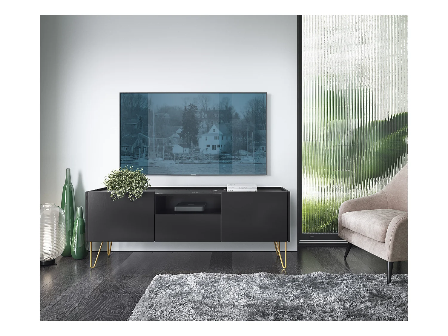 Meuble TV : Noir graphite / marbre noir, 144 x 55 x 37 cm