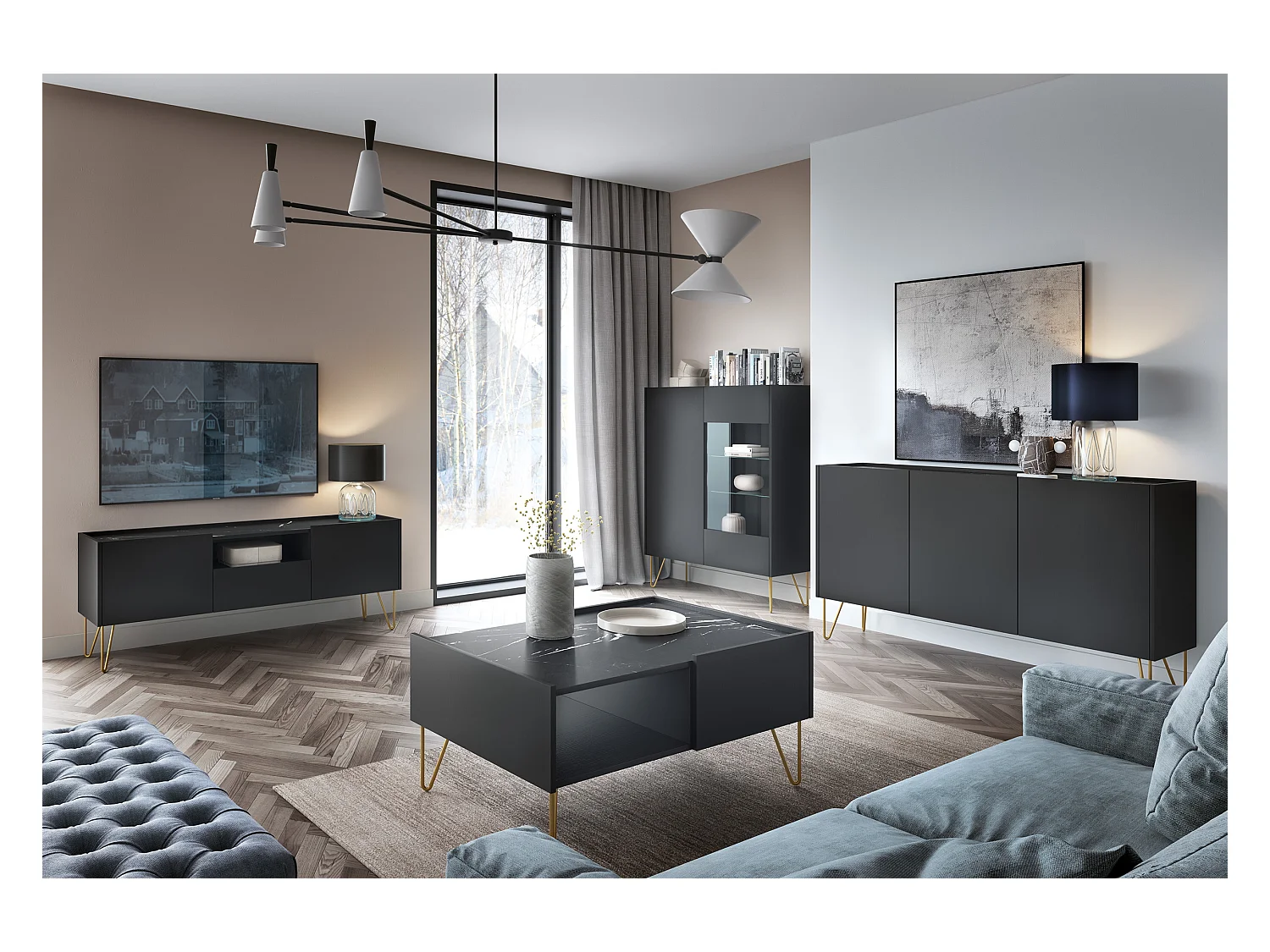 Meuble TV : Noir graphite / marbre noir, 144 x 55 x 37 cm