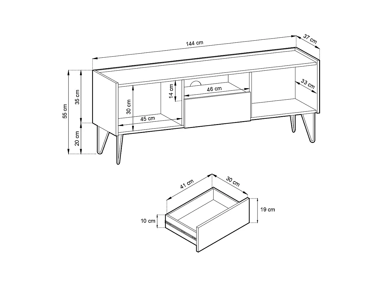 Meuble TV : Noir graphite / marbre noir, 144 x 55 x 37 cm