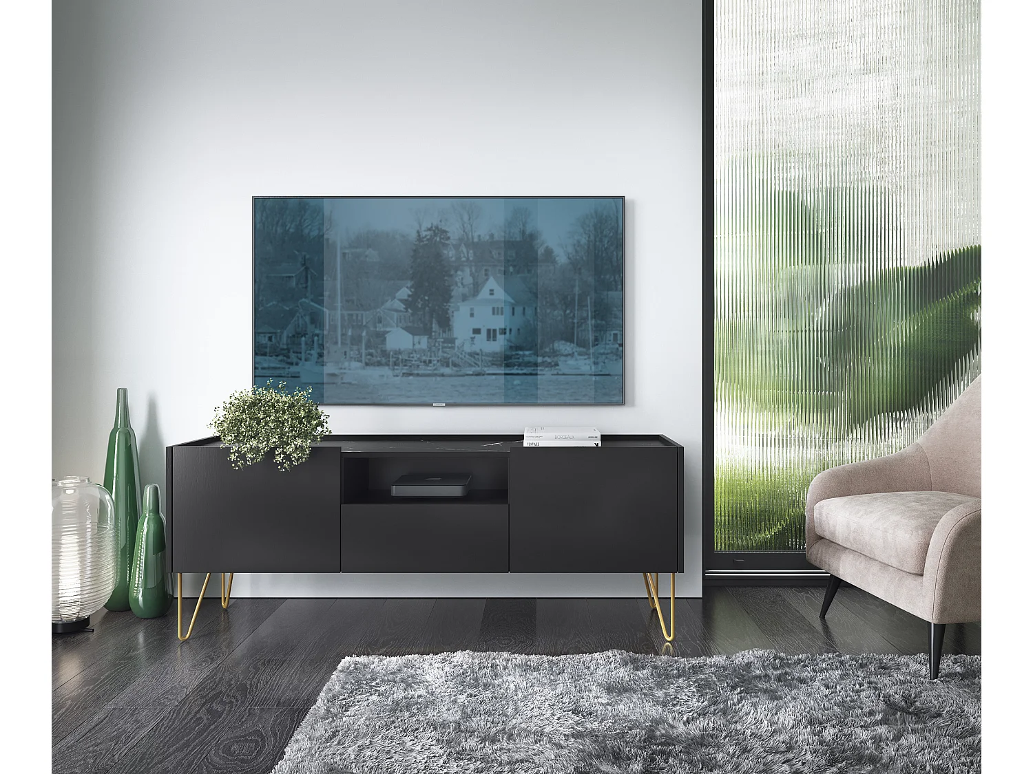 Móvel de TV: Preto grafite / mármore preto, 144 x 55 x 37 cm