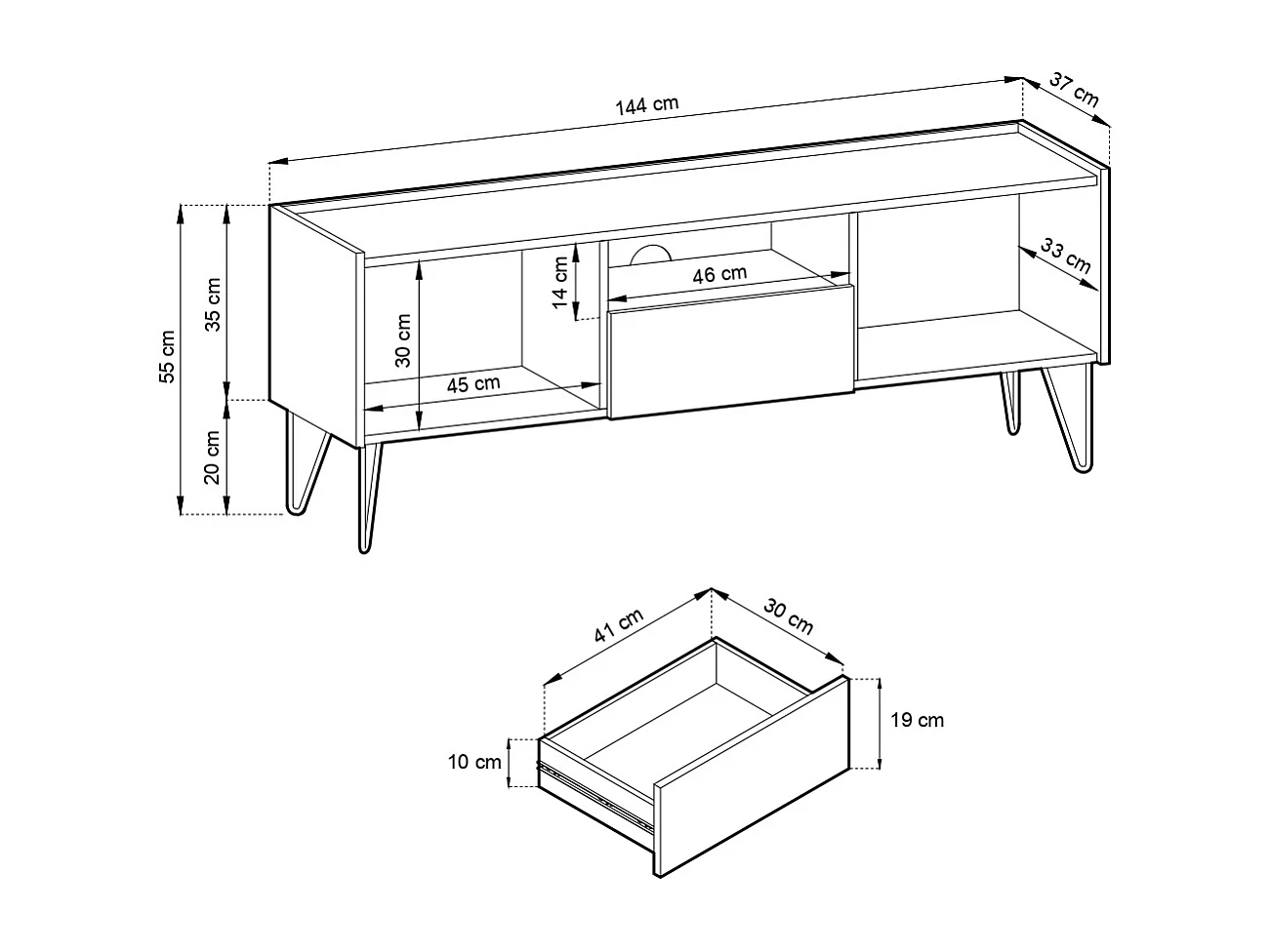 Móvel de TV: Preto grafite / mármore preto, 144 x 55 x 37 cm