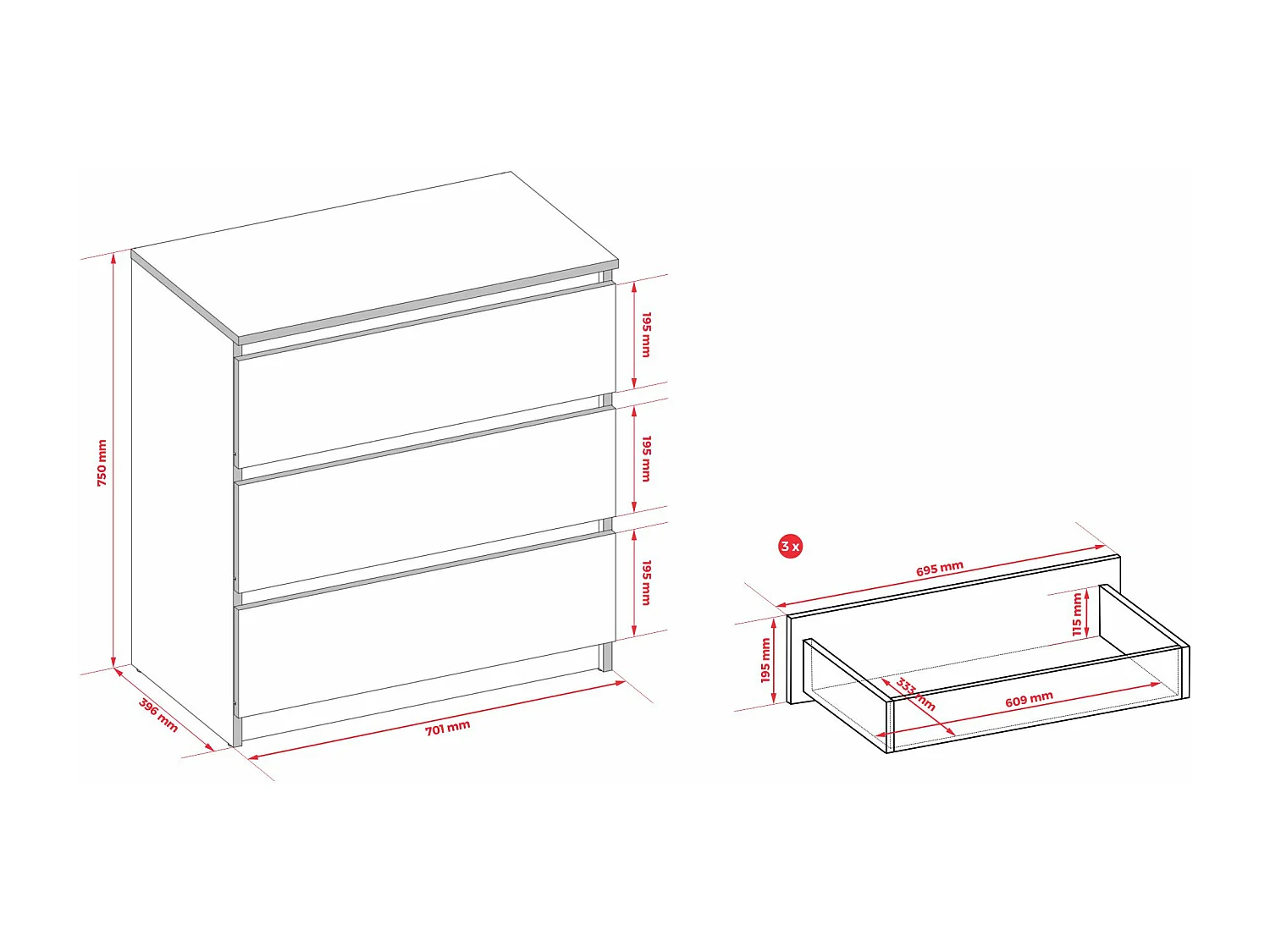 Commode : 3 Tiroirs, Argile, 40 X 75 X 70 Cm
