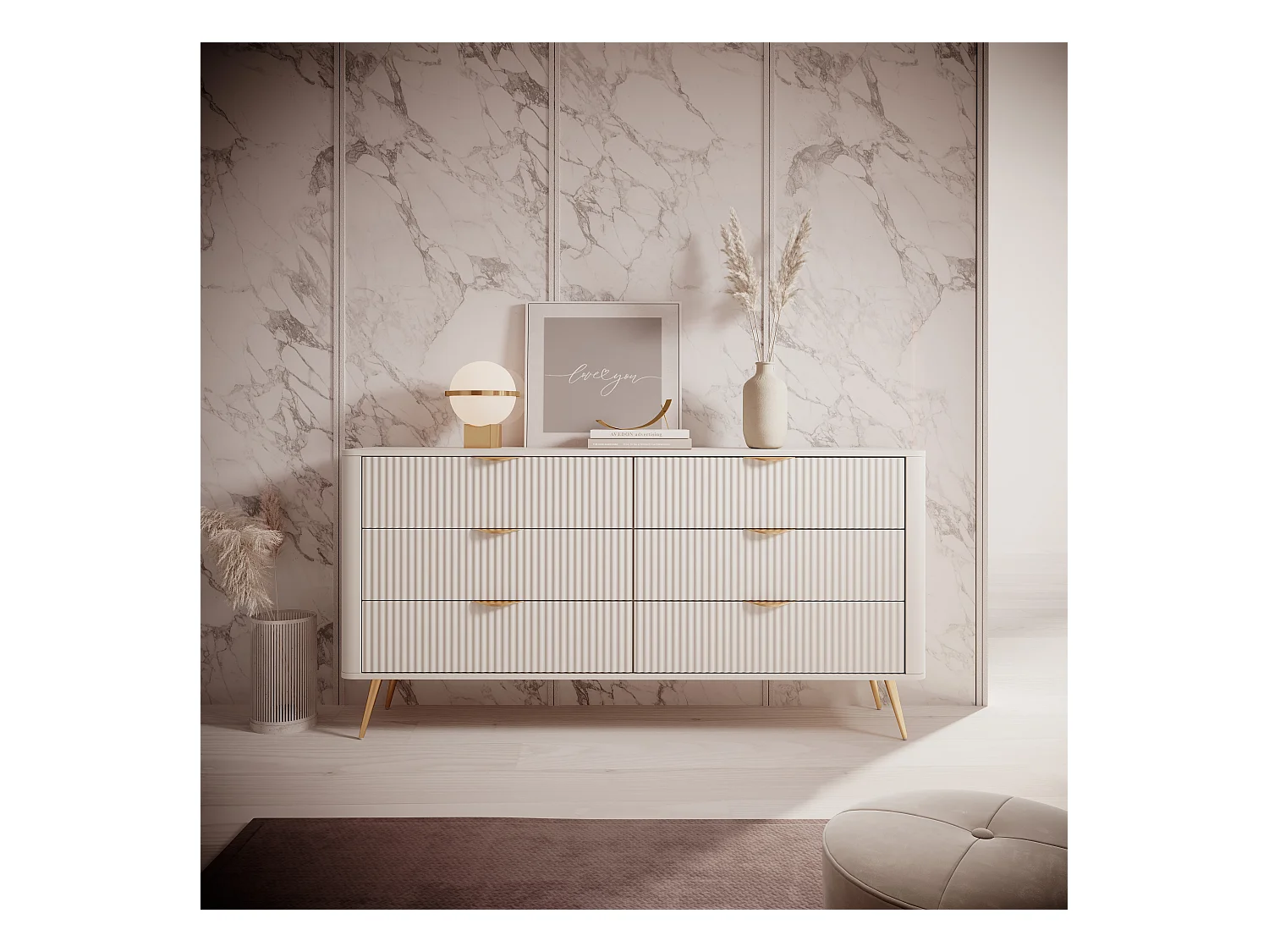 Komoda: 6 szuflad, kaszmir, złote nóżki 163,2 x 81,2 x 38 cm