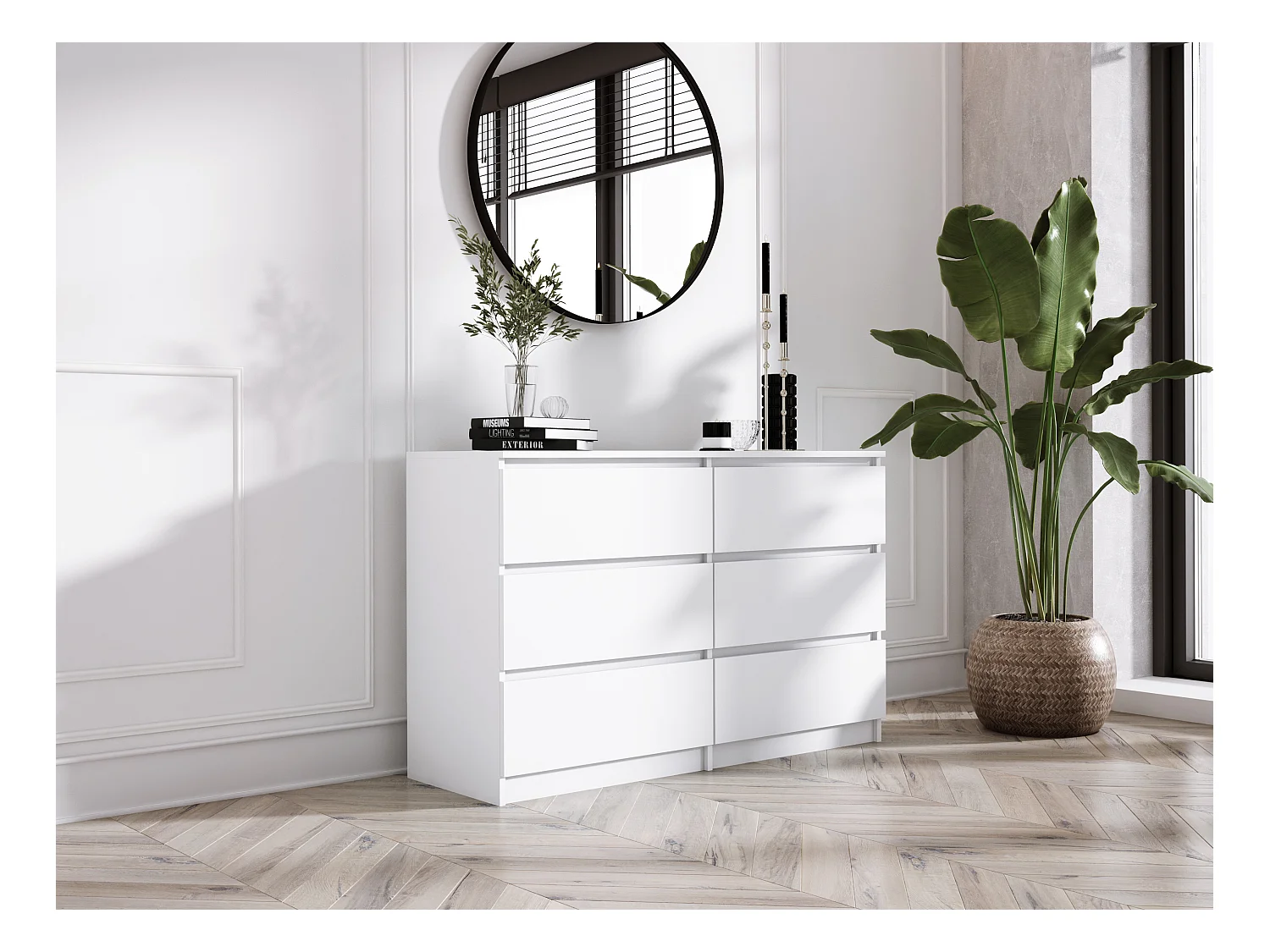 Commode 6 Tiroirs : Blanc Mat, 138 x 39 x 79 cm