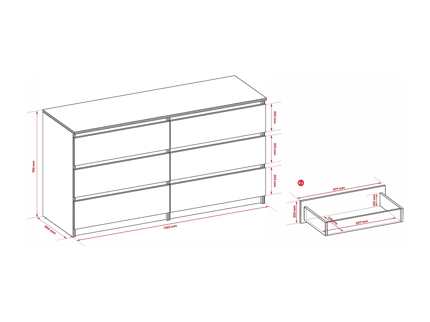 Commode 6 Tiroirs : Blanc Mat, 138 x 39 x 79 cm