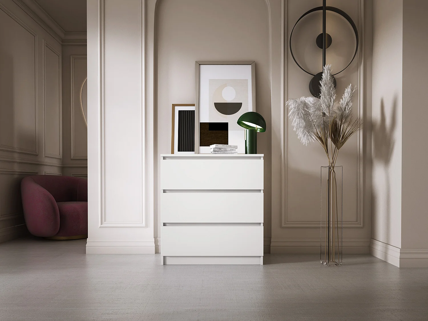 Commode 3 Tiroirs : Blanc Mat, 70 x 39 x 79 cm