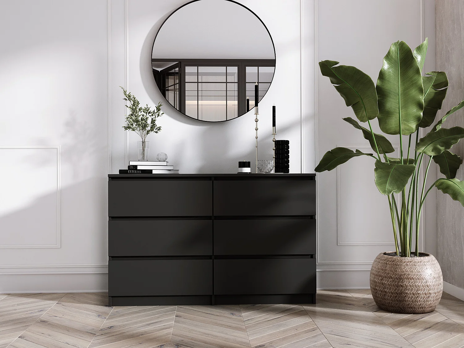 Commode 6 Tiroirs : Noir Mat, 138 x 39 x 79 cm
