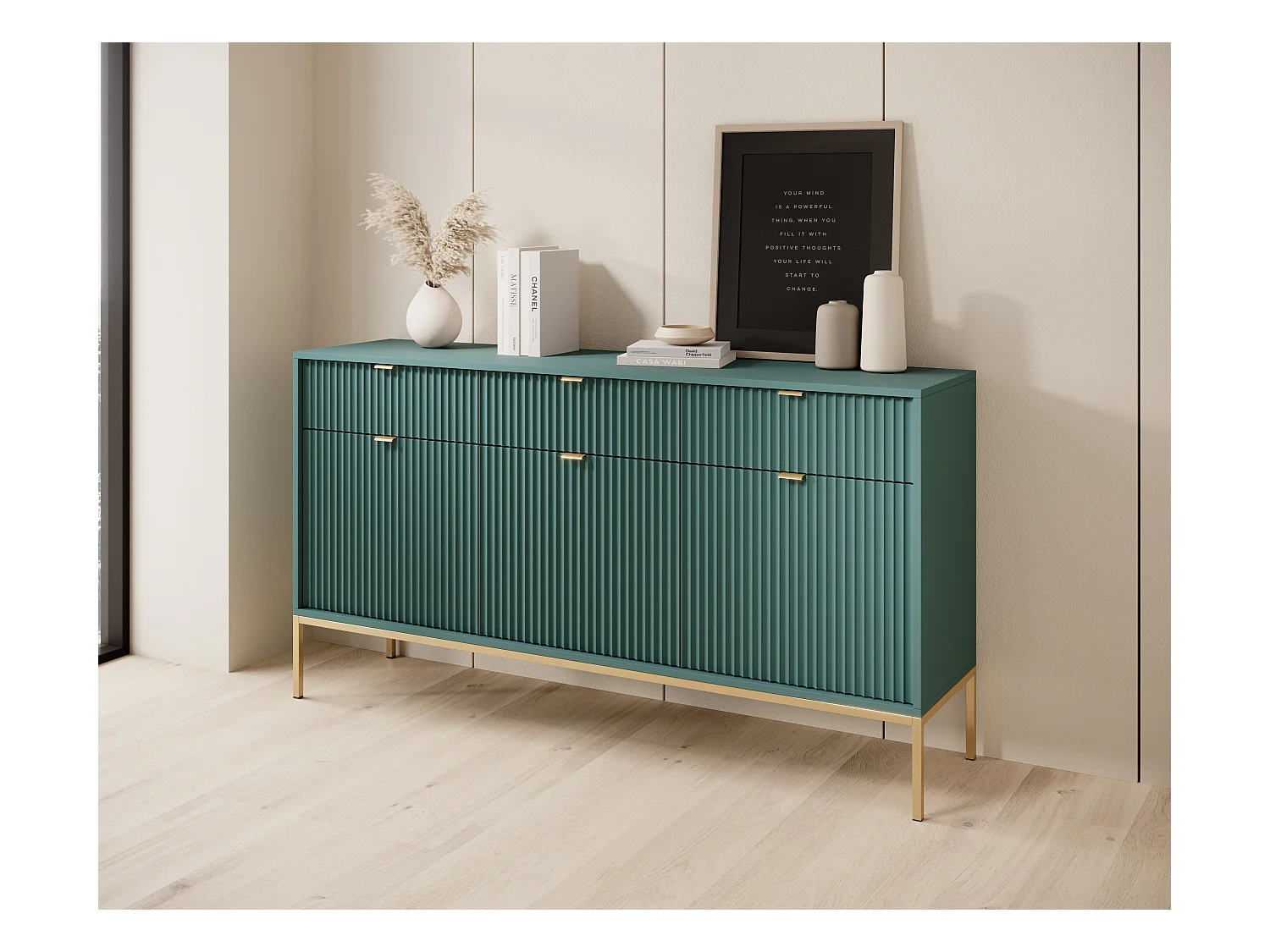 Commode : 3 Tiroirs, 3 Portes, labrador, or, 154 x 83 x 39 cm, poignées dorées