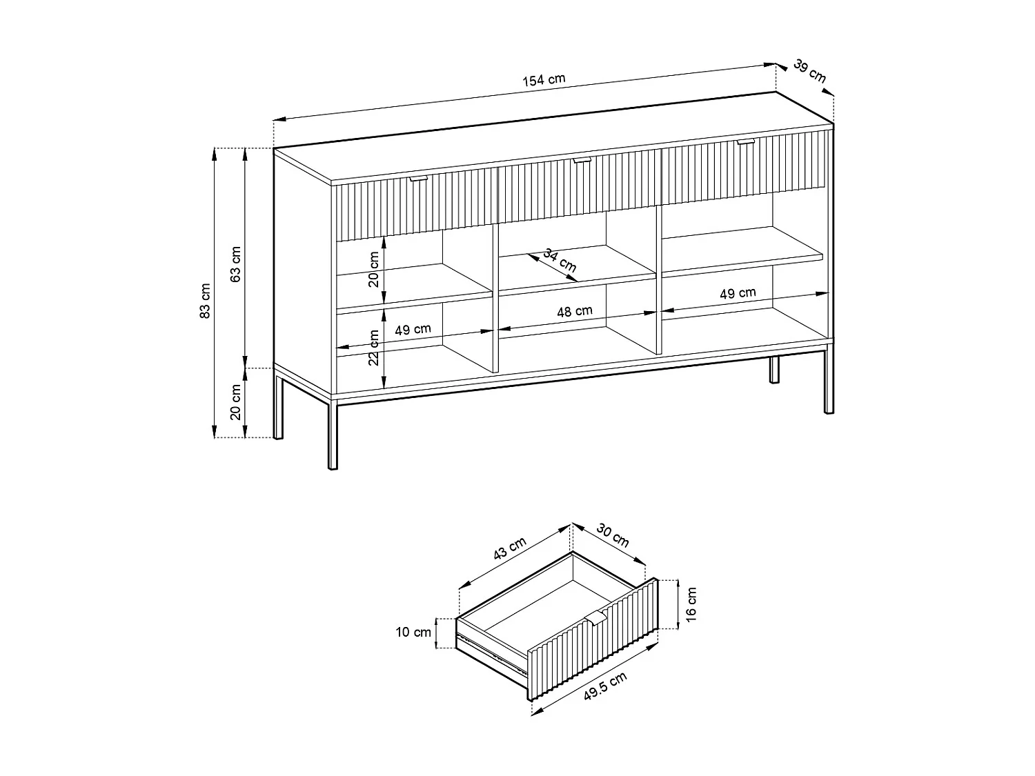 Commode : 3 Tiroirs, 3 Portes, labrador, or, 154 x 83 x 39 cm, poignées dorées