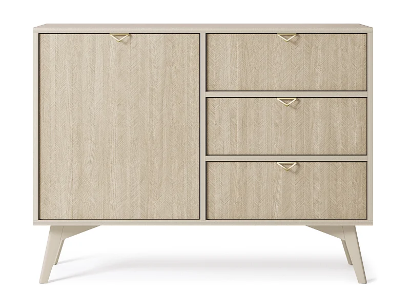 Kommode: Sandbeige / Scandi-Chevrons, Holzbeine, 106 x 80 x 38 cm