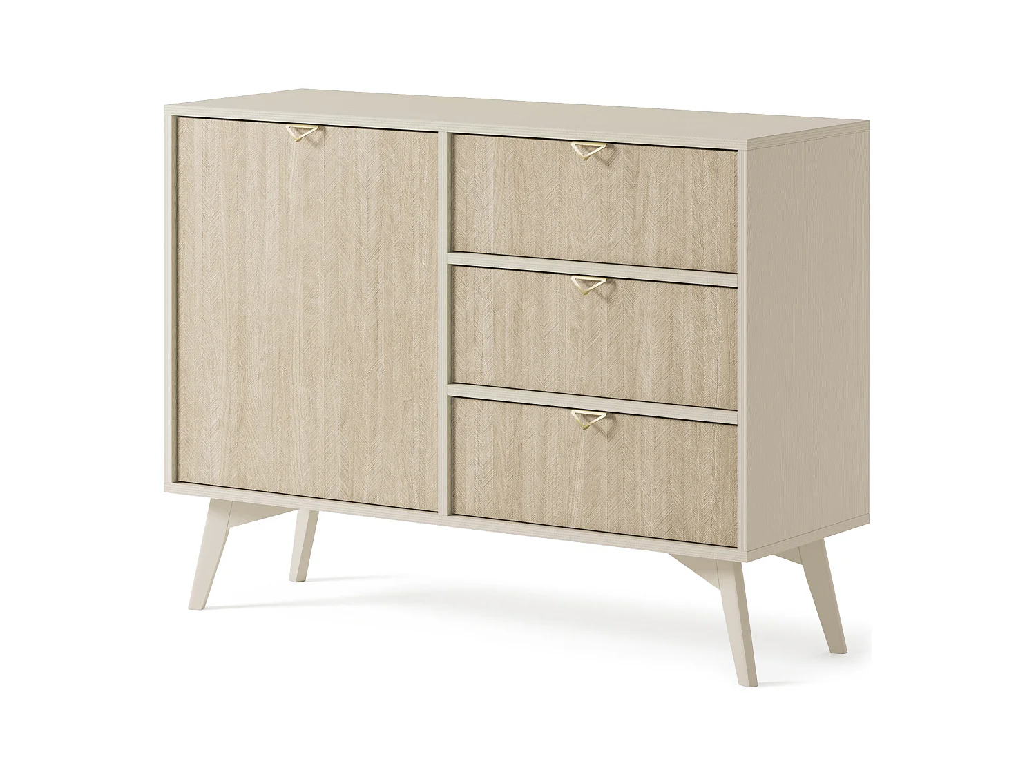 Commode : Beige Sable / Chevrons scandi, Pieds Bois, 106 x 80 x 38cm