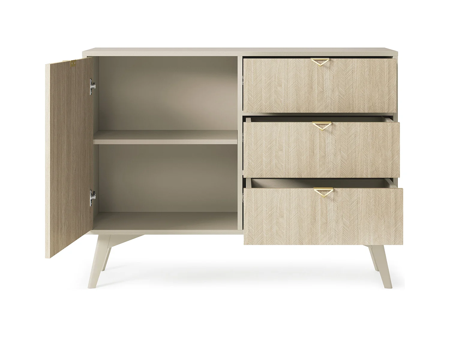 Commode : Beige Sable / Chevrons scandi, Pieds Bois, 106 x 80 x 38cm