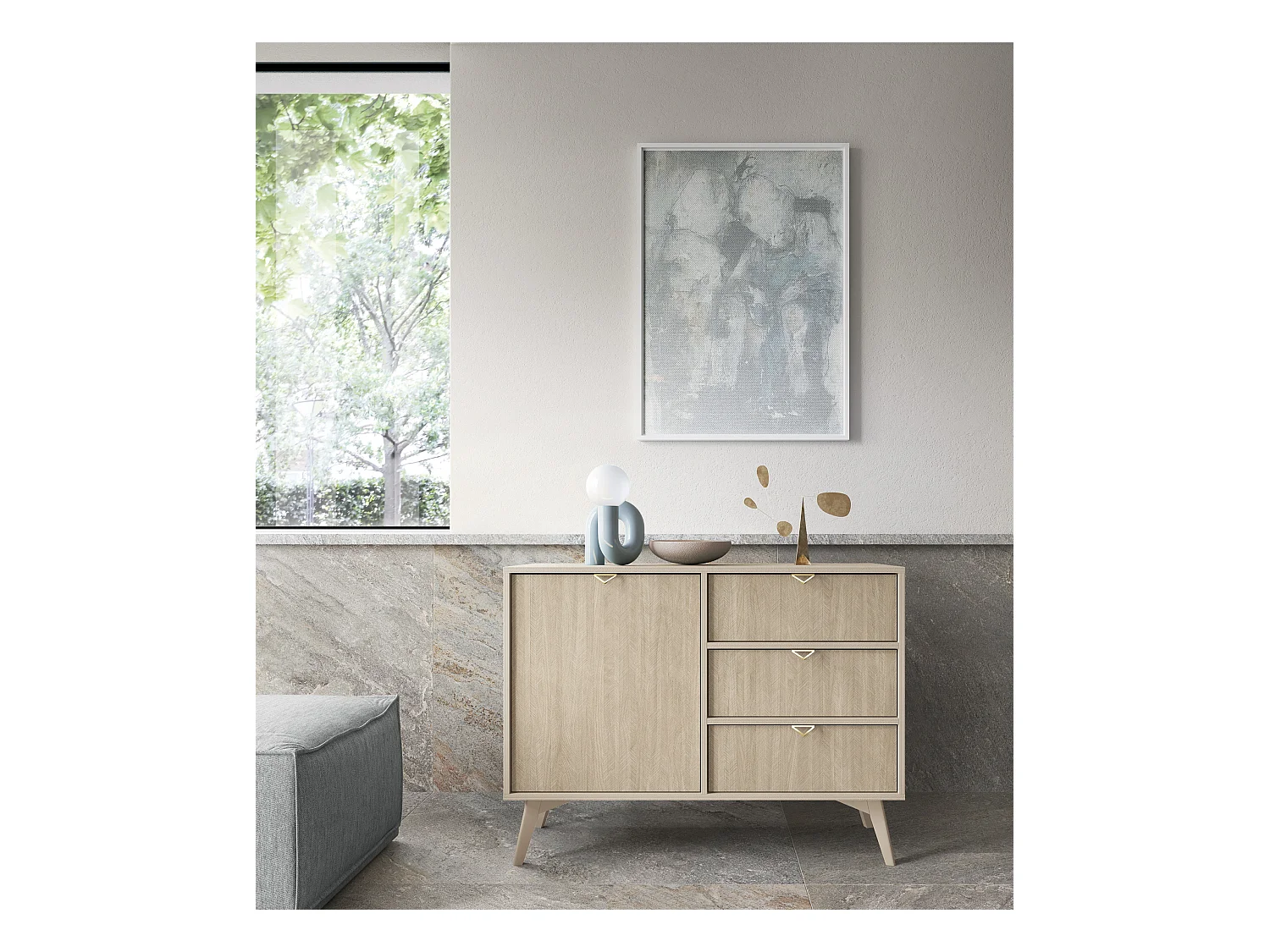 Commode : Beige Sable / Chevrons scandi, Pieds Bois, 106 x 80 x 38cm