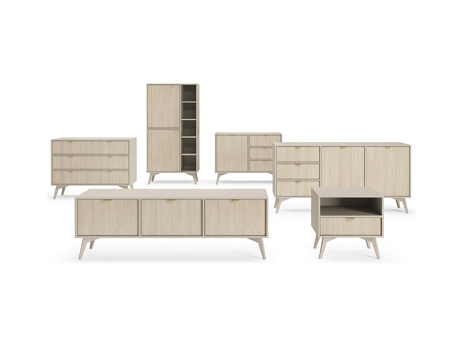 Commode : Beige Sable / Chevrons scandi, Pieds Bois, 106 x 80 x 38cm