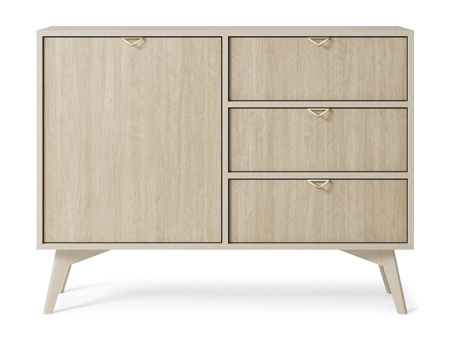 Commode : Beige Sable / Chevrons scandi, Pieds Bois, 106 x 80 x 38cm