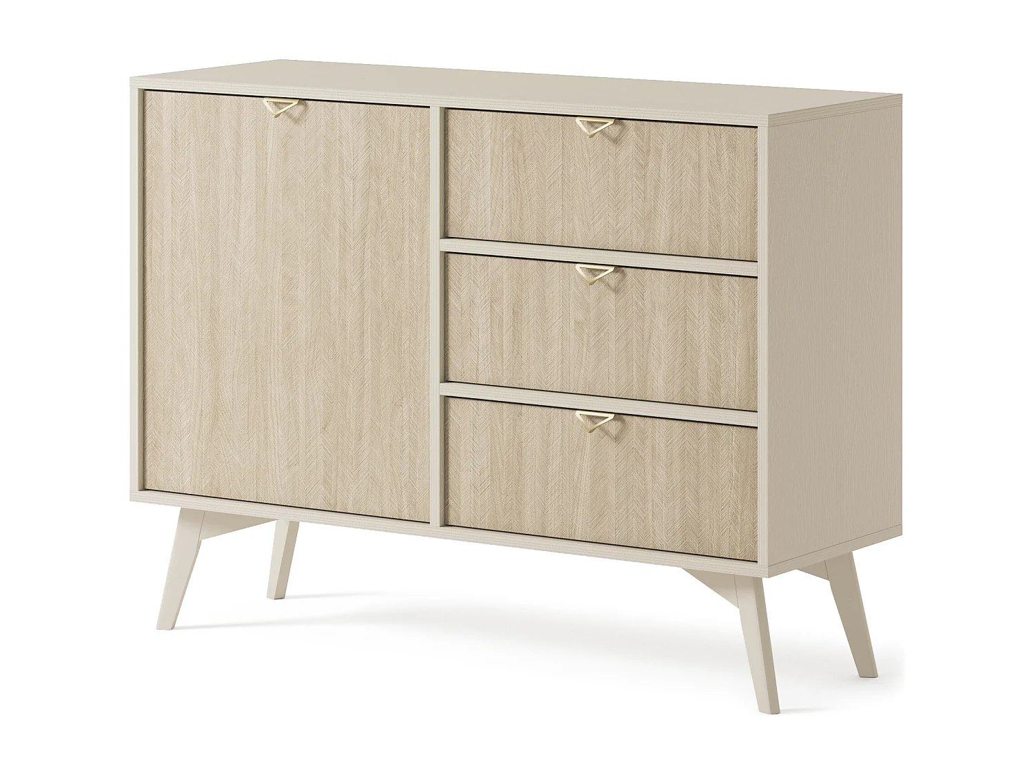Commode : Beige Sable / Chevrons scandi, Pieds Bois, 106 x 80 x 38cm
