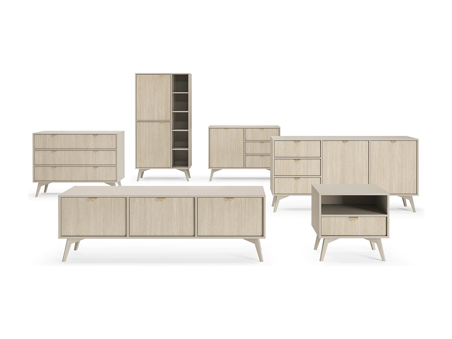 Commode : Beige Sable / Chevrons scandi, Pieds Bois, 106 x 80 x 38cm