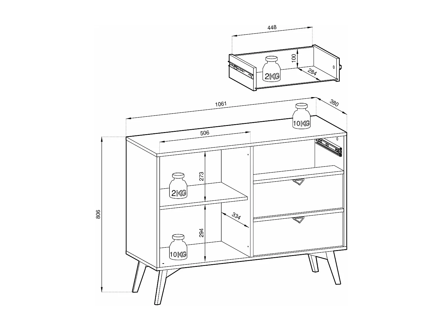 Commode : Beige Sable / Chevrons scandi, Pieds Bois, 106 x 80 x 38cm