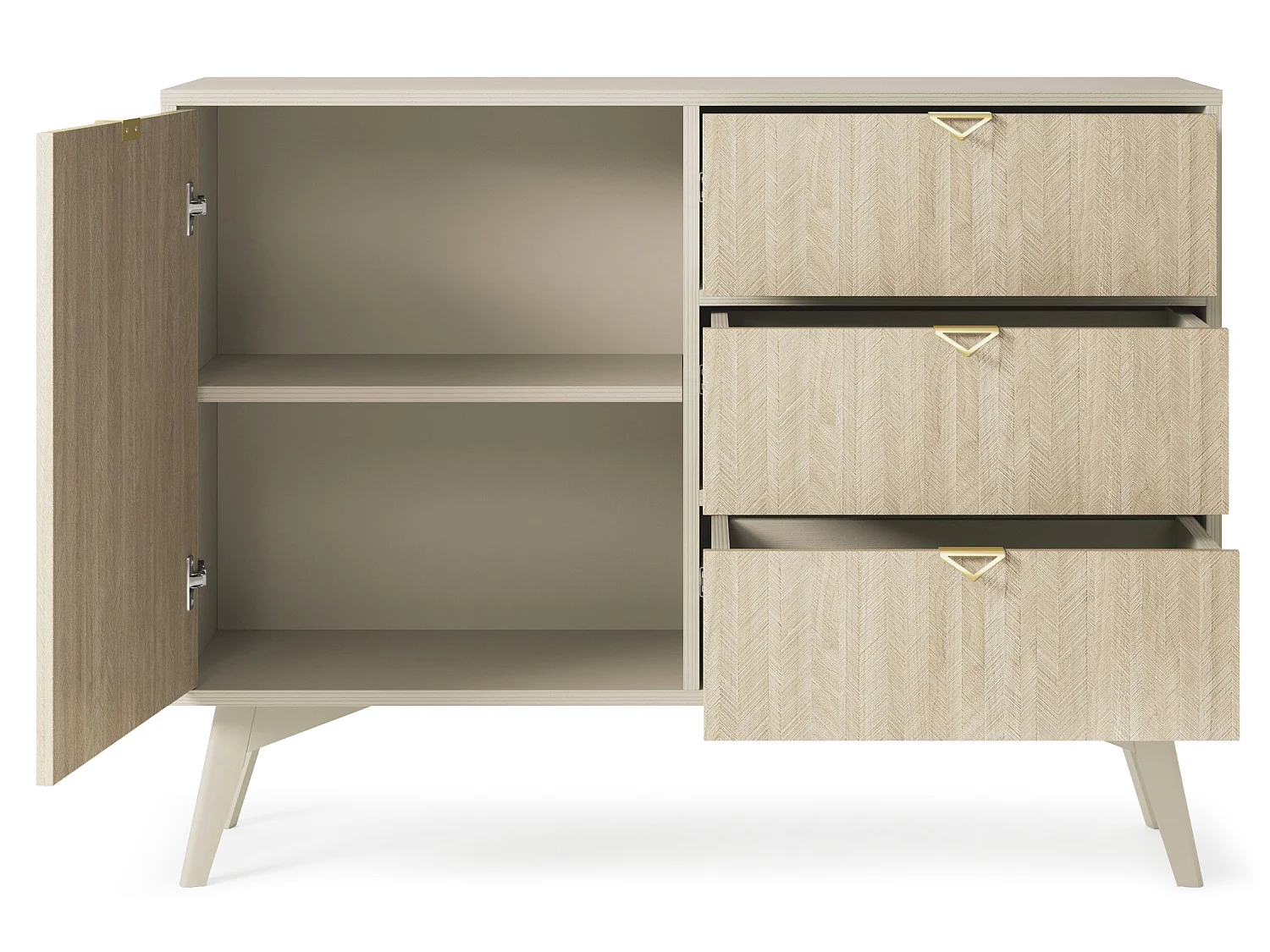 Kommode: sandbeige / skandinavisk sildebensmønster, træben, 106 x 80 x 38 cm