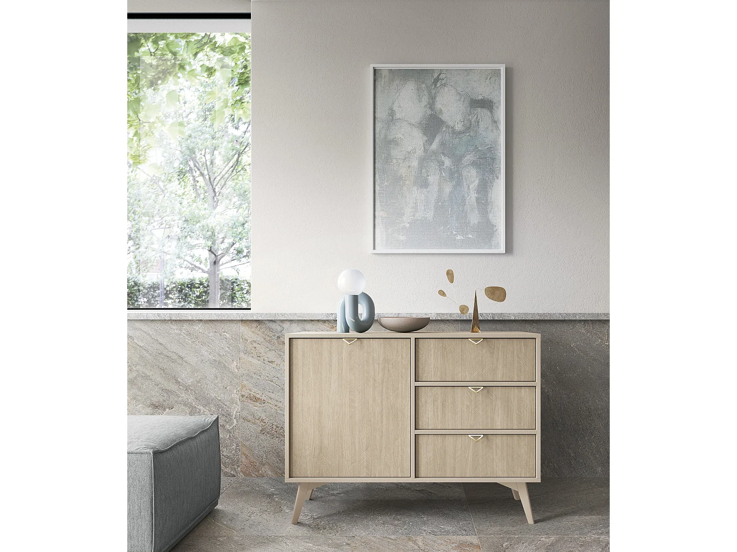 Kommode: sandbeige / skandinavisk sildebensmønster, træben, 106 x 80 x 38 cm