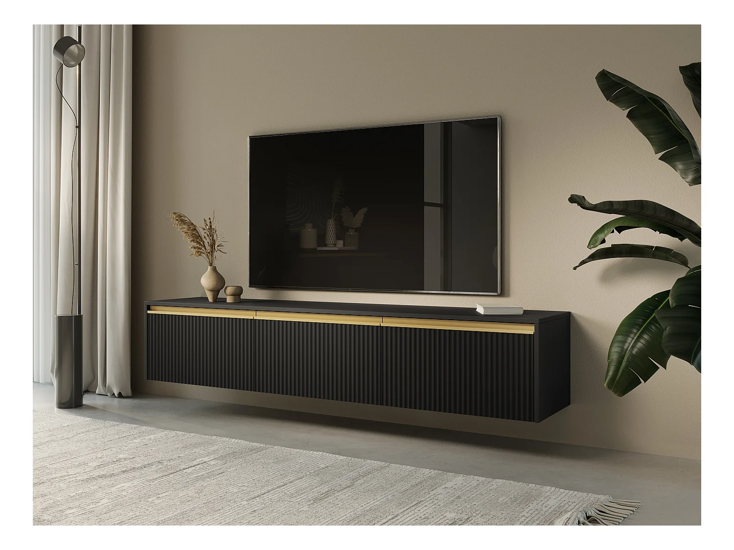 Meuble TV : 3 portes, 3 étagères, Noir graphite, 181,5 x 42 cm x 39 cm