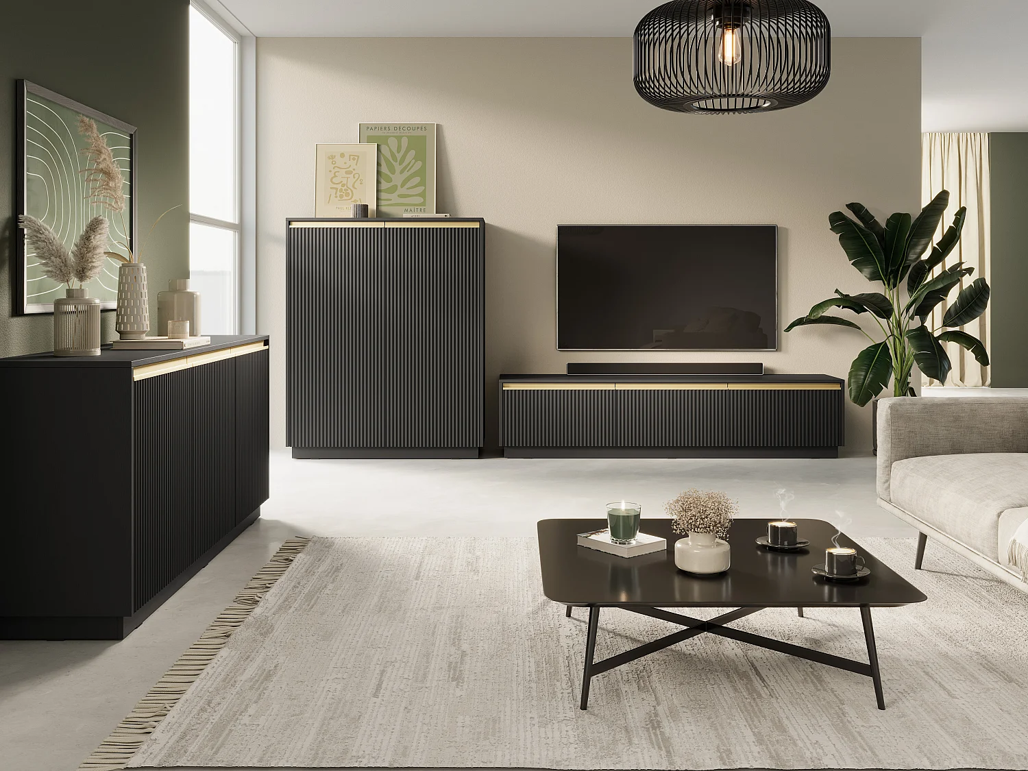 Meuble TV : 3 portes, 3 étagères, Noir graphite, 181,5 x 42 cm x 39 cm