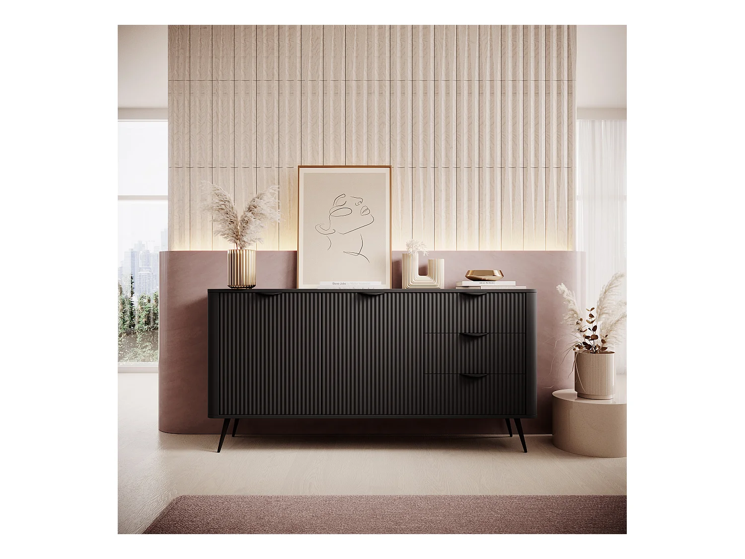 Komoda: 3 szuflady, 2 drzwi, czarna, 163,2 x 81,2 x 38 cm