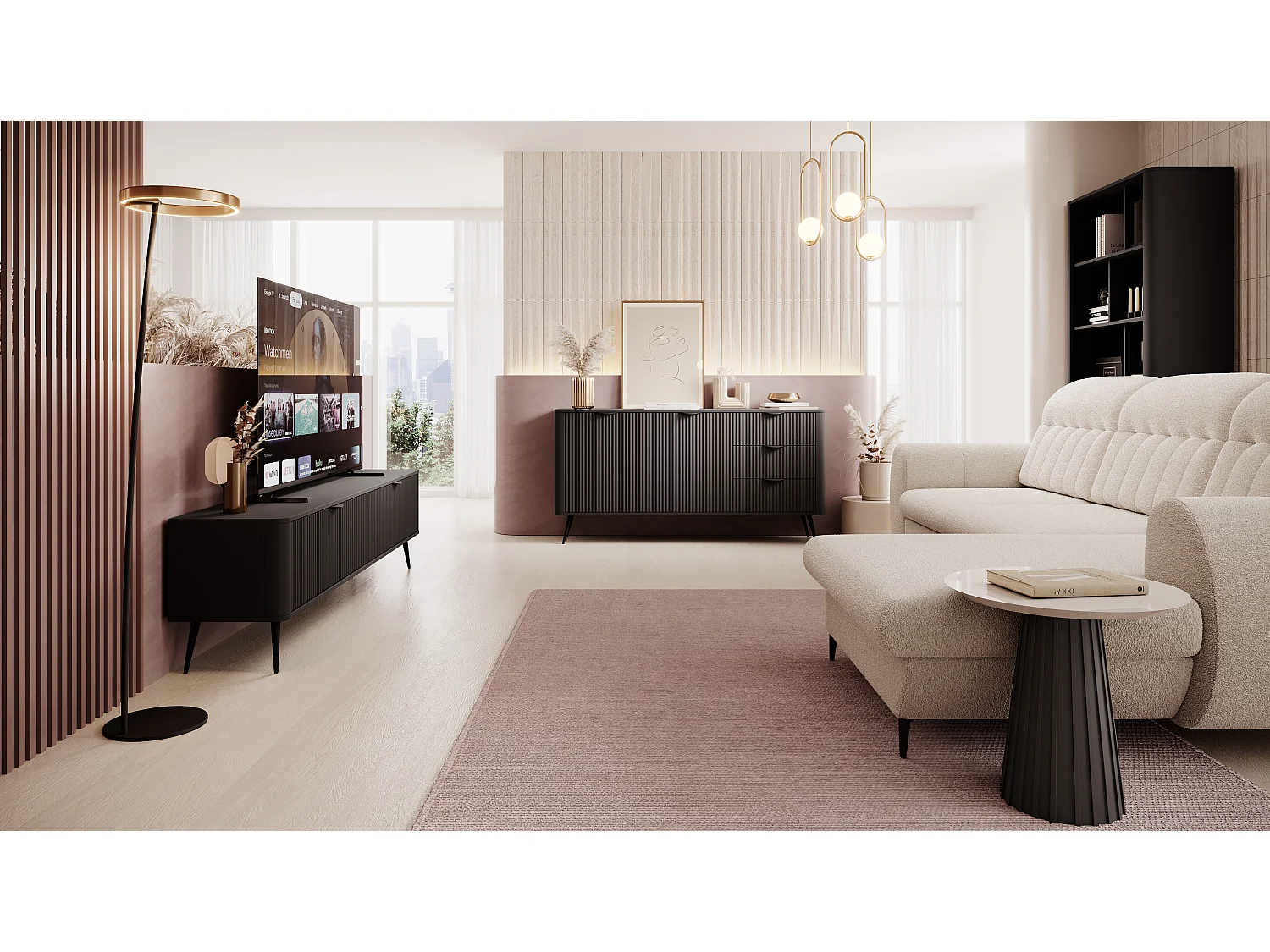 Commode : 3 Tiroirs, 2 Portes, Noir, 163,2 X 81,2 X 38cm