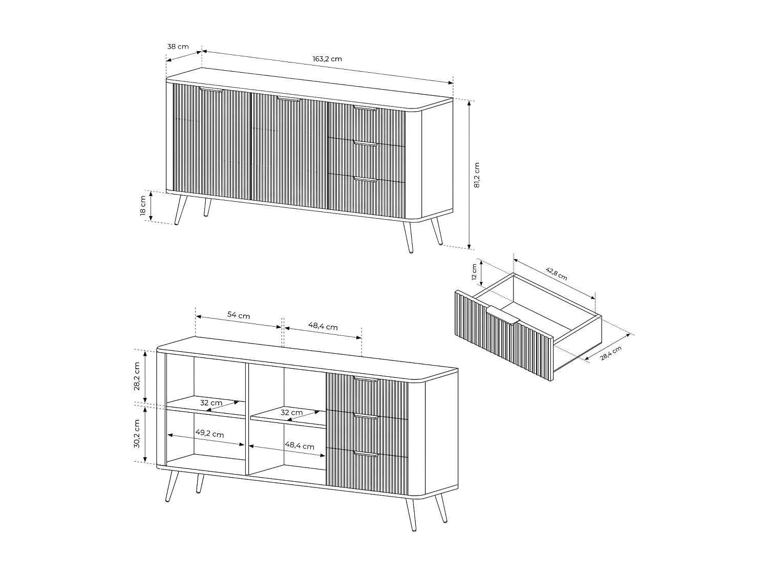Kommode: 3 Schubladen, 2 Türen, schwarz, 163,2 x 38 x 81,2 cm