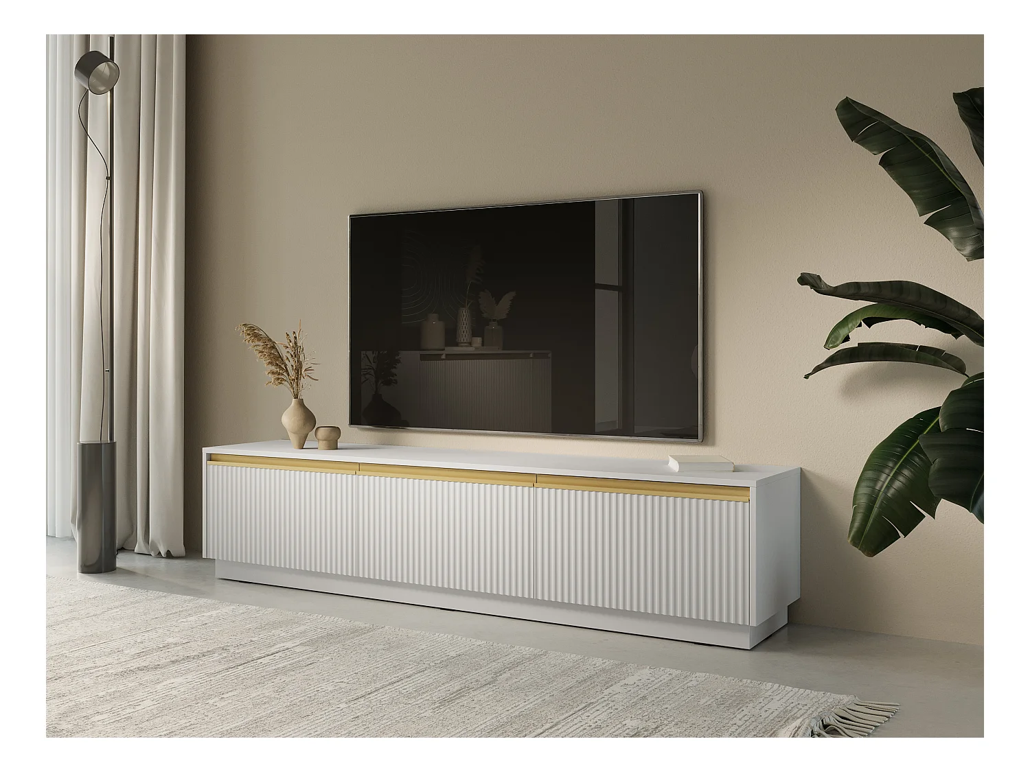 Meuble TV : 3 portes, 3 étagères, Blanc Mat, 181,5 x 42 cm x 39 cm