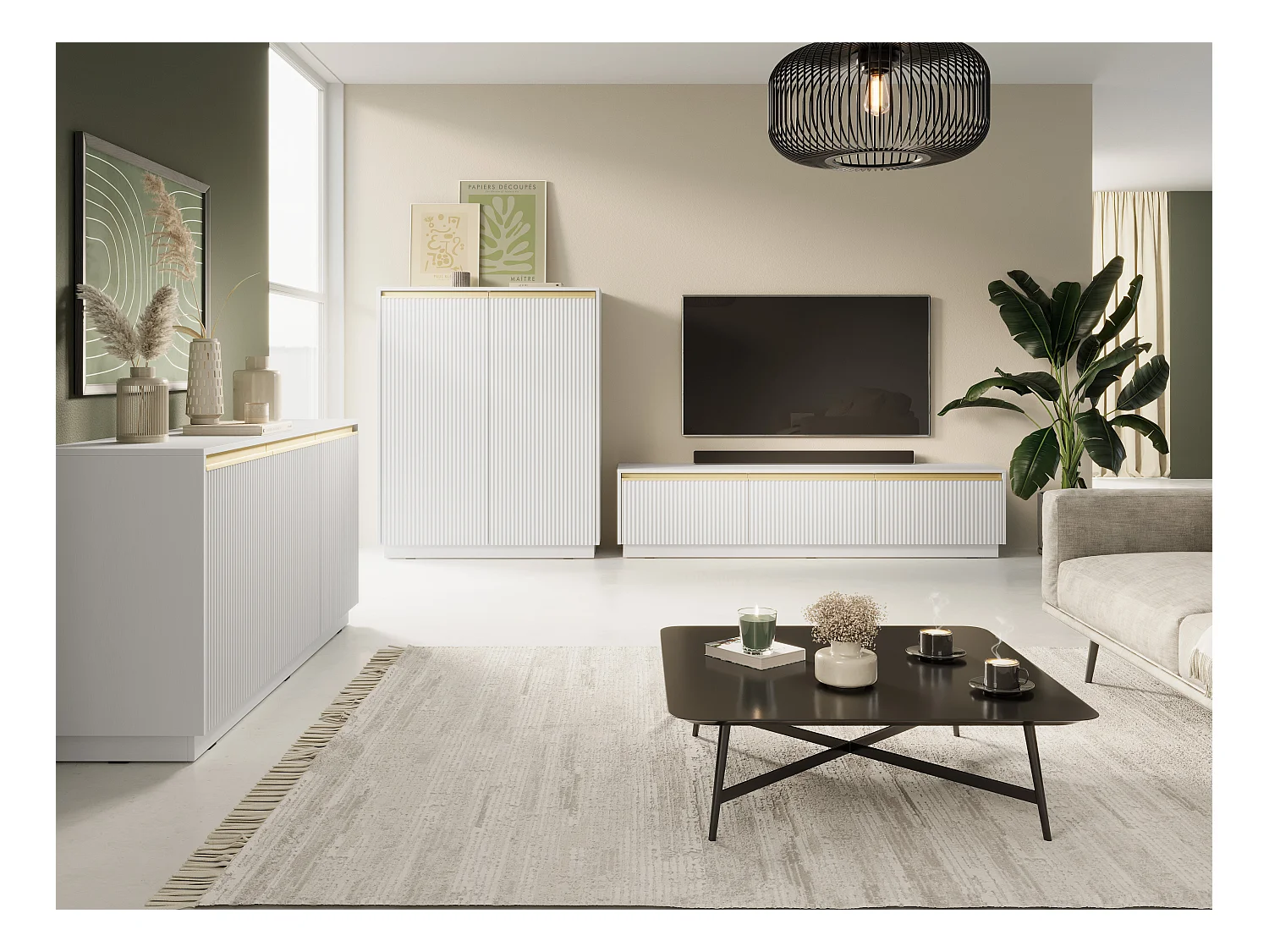 Meuble TV : 3 portes, 3 étagères, Blanc Mat, 181,5 x 42 cm x 39 cm