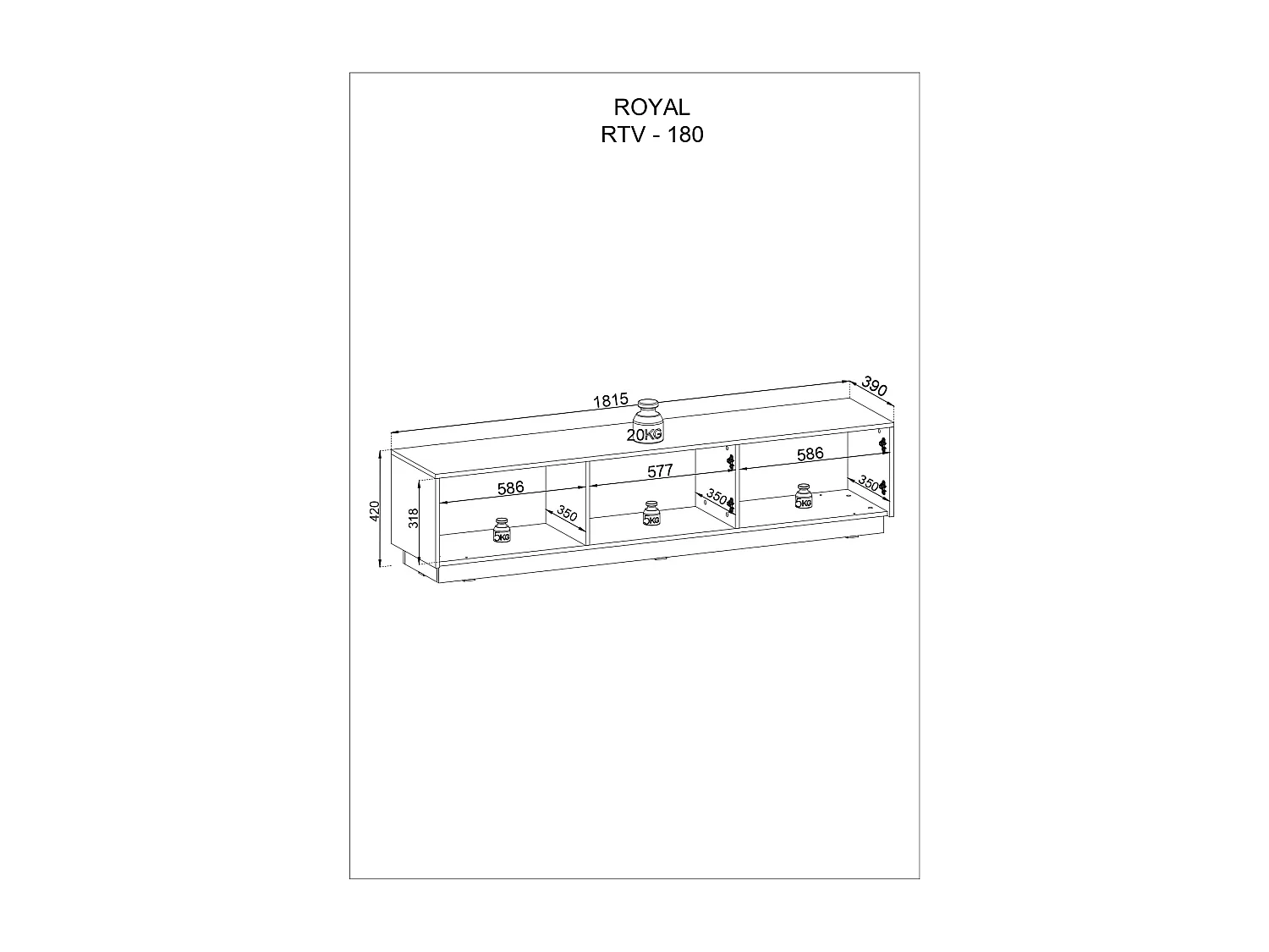 Szafka RTV: 3 drzwi, 3 półki, Biały Matowy, 181,5 x 42 cm x 39 cm