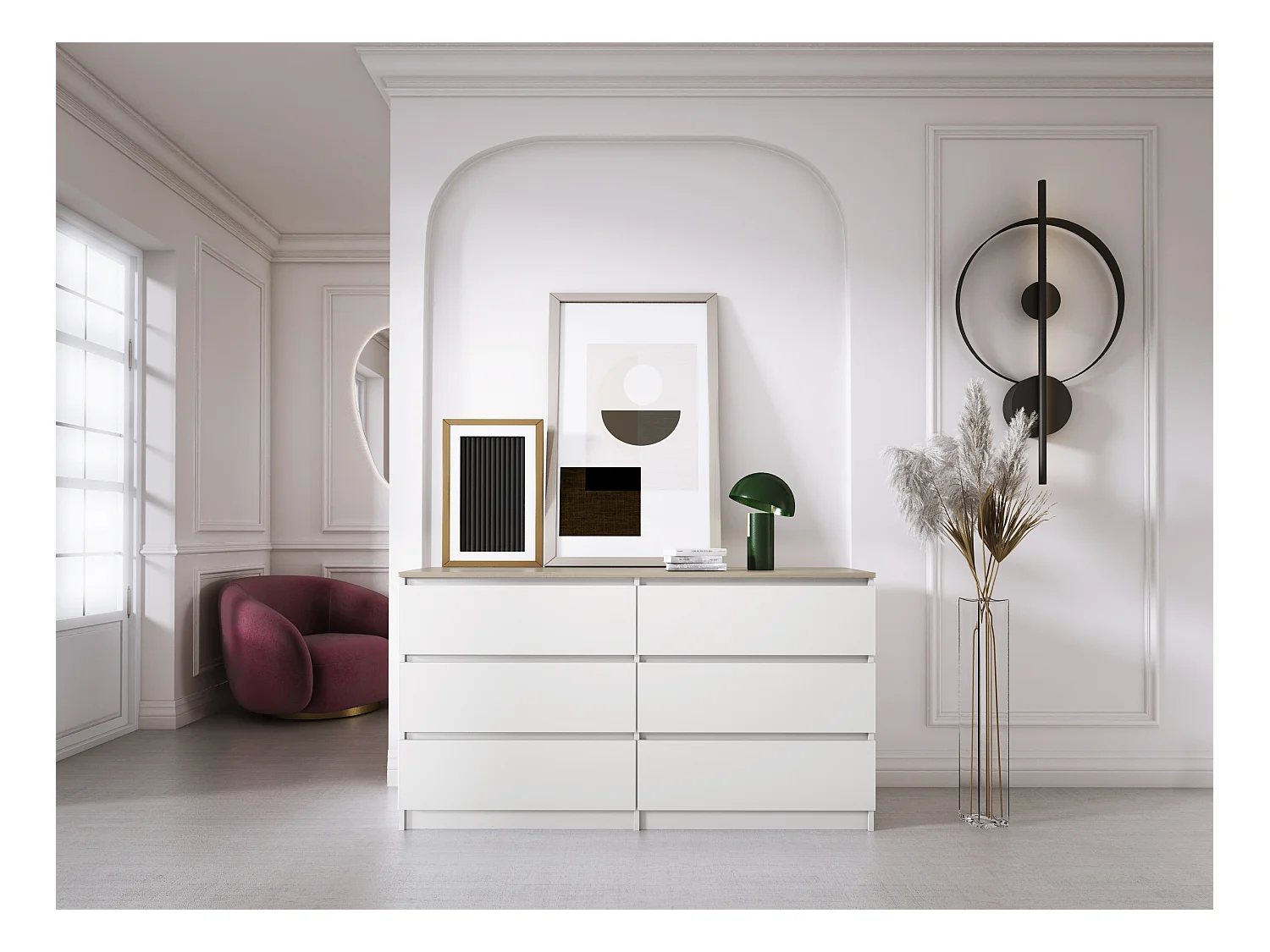 Komoda z 6 szufladami: blat biały matowy / dąb sonoma, 138 x 39 x 79 cm