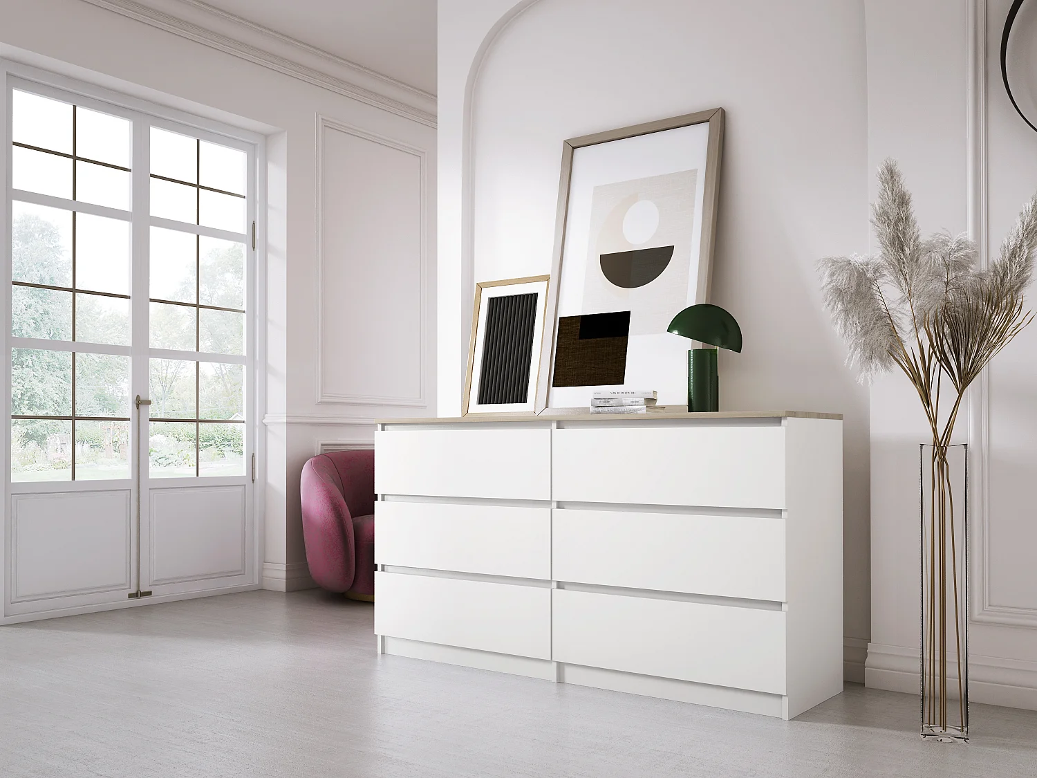 Commode 6 Tiroirs : Blanc Mat / Chêne Sonoma Top, 138 x 39 x 79 cm