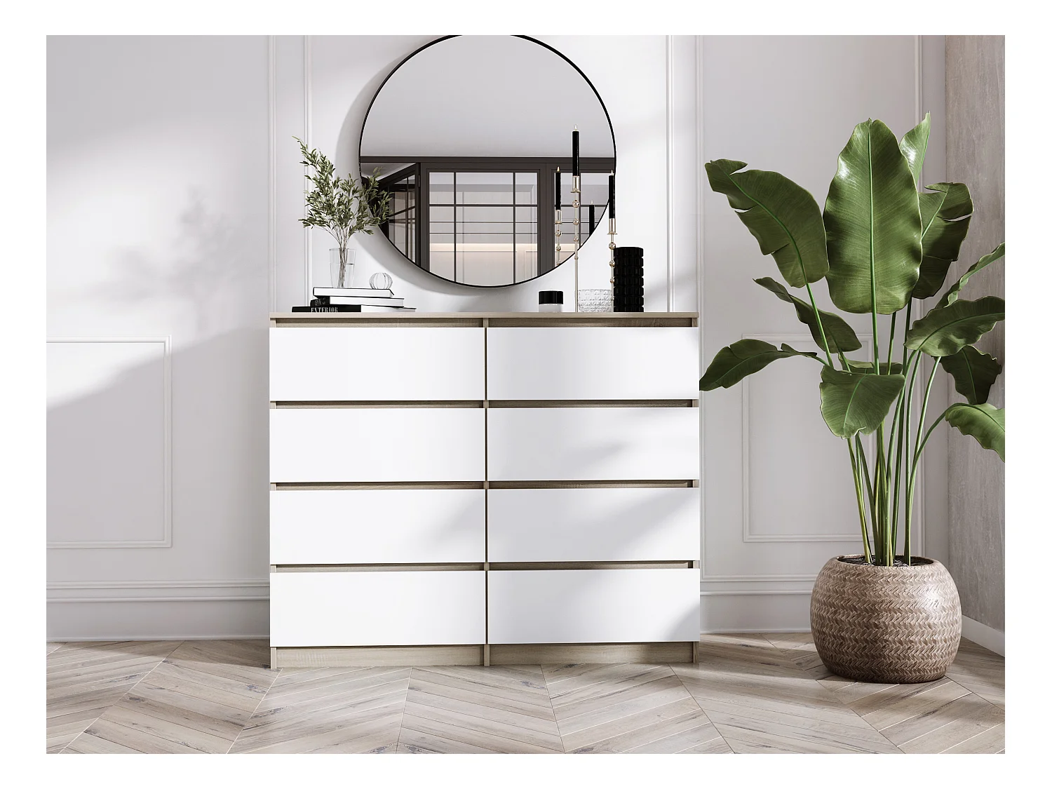 Komoda z 8 szufladami: Dąb Sonoma / Biały Mat, 120 x 101 x 39 cm