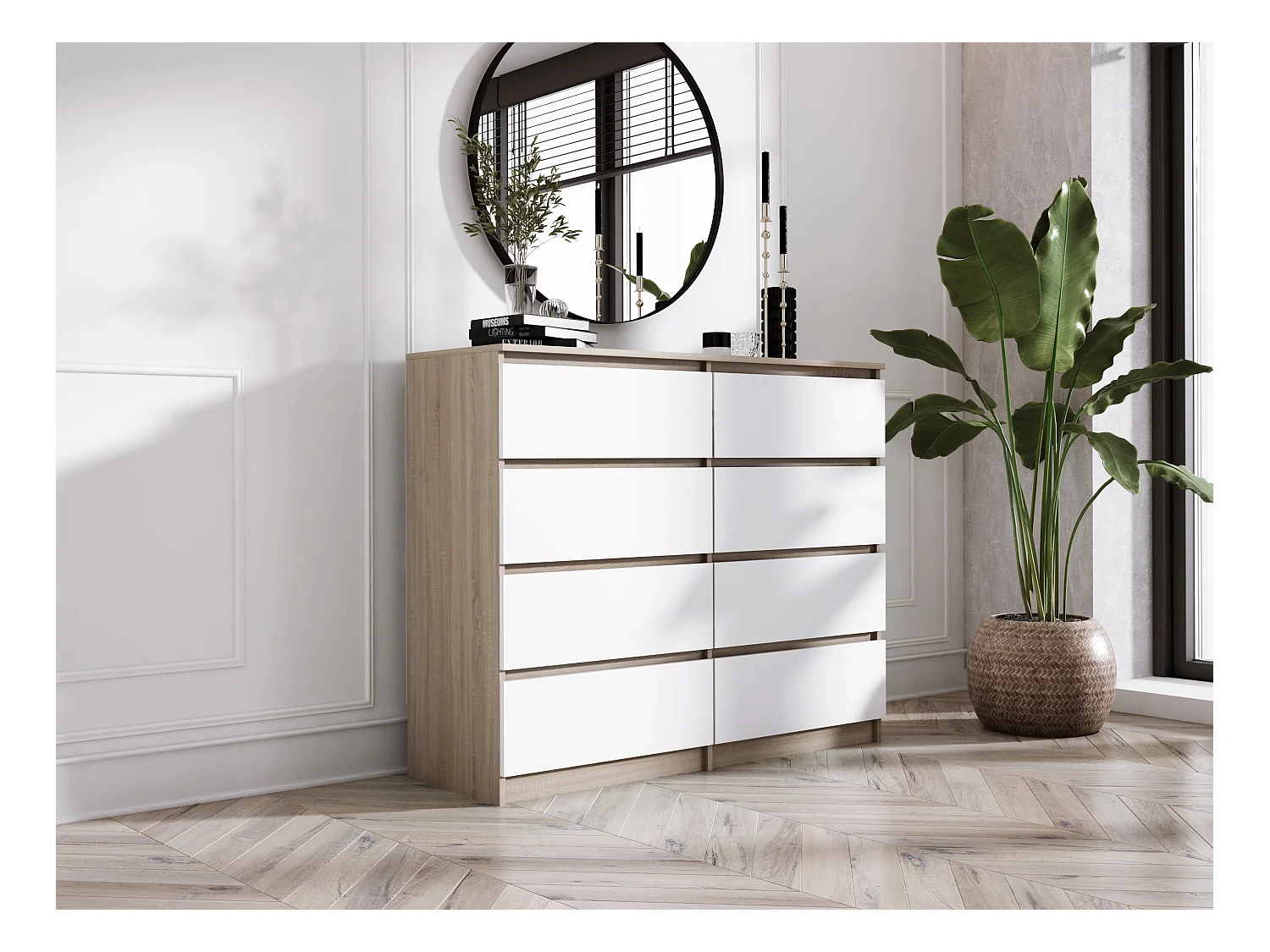 Commode 8 tiroirs : Chêne Sonoma / Blanc Mat, 120 x 101 x 39 cm