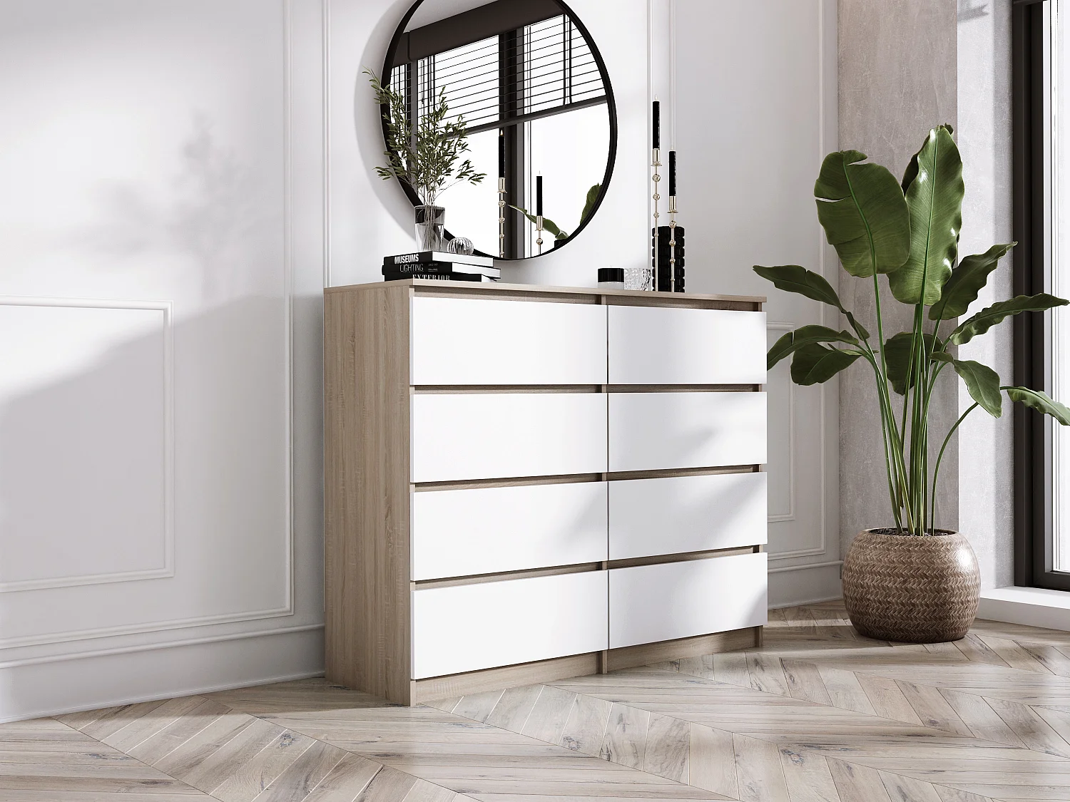 Commode 8 tiroirs : Chêne Sonoma / Blanc Mat, 120 x 101 x 39 cm